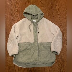 Zara Quilted Sherpa Green and White Oversized Coat Women’s Size Small